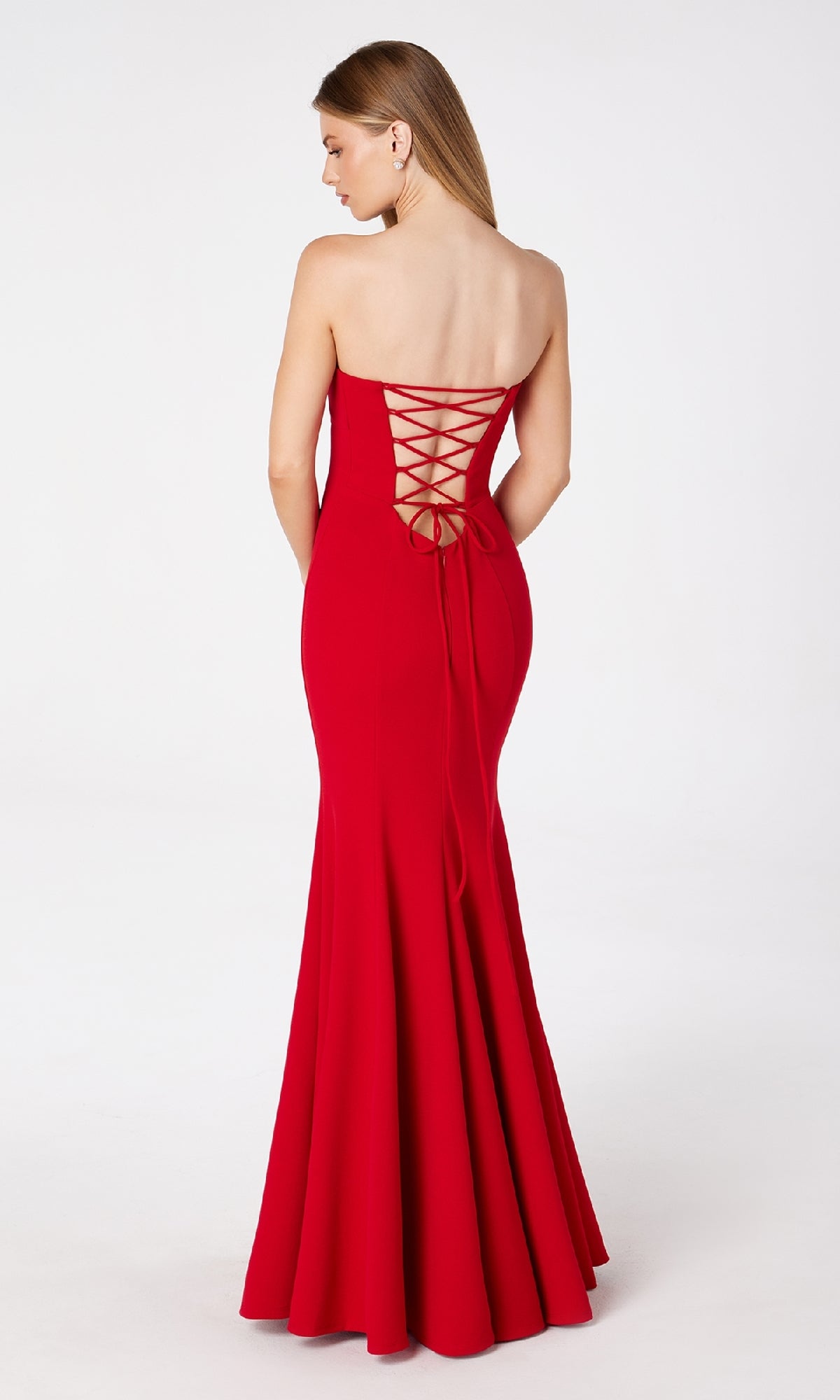 A woman models the Astee T2010 Lace-Up Strapless Long Prom Dress, posing against a plain white background.